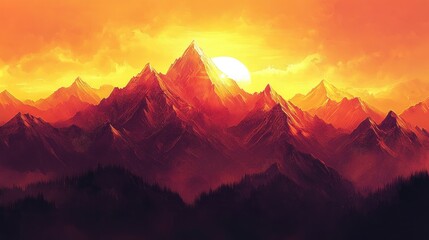 Wall Mural - A Sunset Over Crimson Mountains with a Silhouetted Forest