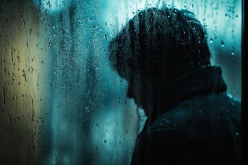 Aufkleber - A solitary figure gazes out at the rain-splattered window, enveloped in a mood of melancholy and introspection as droplets trickle down. Generative AI
