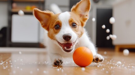 Sticker - A small dog playing with a ball on the floor, AI