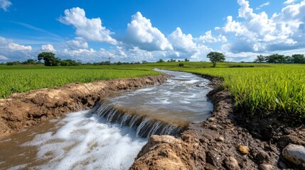 Water flowing through an irrigation channel in a rice field under a bright blue sky.