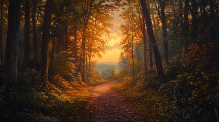 Wall Mural - a winding path leads through a forest in the golden hour, with sunbeams illuminating the leaves and 