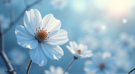 Poster - A white flower is the main focus of the image, surrounded by a blue sky