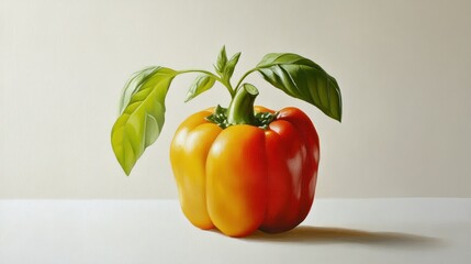 Poster - A Single Red and Yellow Bell Pepper with Green Leaves on a White Background