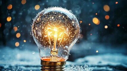 Wall Mural - A lightbulb glows brightly, covered in water droplets, against a dark blue background