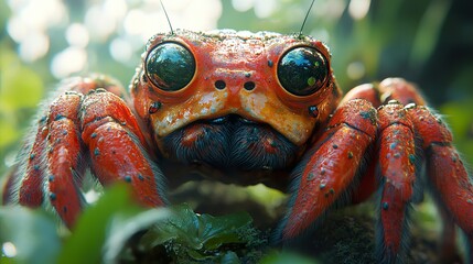 Canvas Print - Close-Up of a Red Spider with Big Eyes in a Lush Forest