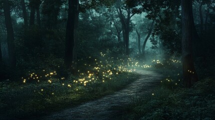 Wall Mural - a winding path through a dark, enchanted forest illuminated by the glow of fireflies.