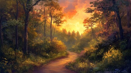Wall Mural - a winding path through a forest with a golden sunset in the background.