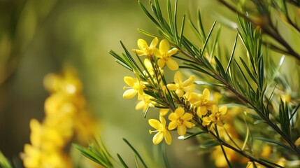 Wall Mural - Yellow flowers blooming on green foliage in a sunlit garden during a warm spring afternoon