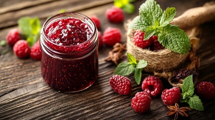 Sweet, tangy raspberry jam adorns a charming glass jar against a rustic backdrop of fresh berries, fragrant mint, and aromatic spices