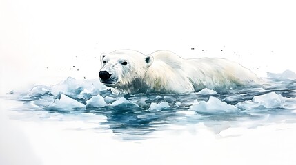 watercolor painting of polar bear swimming in broken arctic ice