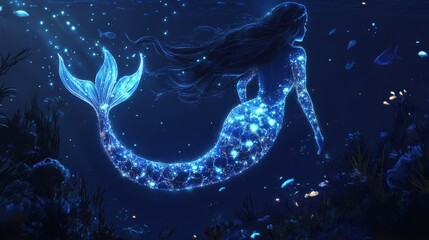Poster - mermaid with a tail adorned with bioluminescent patterns