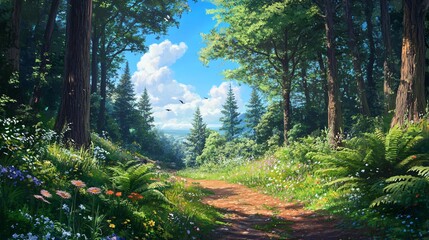 Wall Mural - a winding path through a lush forest with wildflowers and a blue sky.