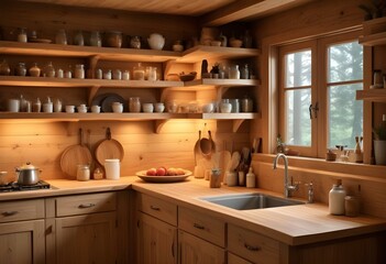 A cozy and rustic kitchen interior with wooden shelves, various cooking utensils and dishes, and a warm lighting setup