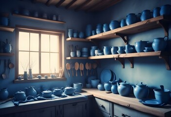 A cozy and rustic kitchen interior with wooden shelves, various cooking utensils and dishes, and a warm lighting setup