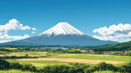 Wall Mural - scenic view of Mount Fuji from a distance, showing the mountain rising majestically above rolling hills and farmland.