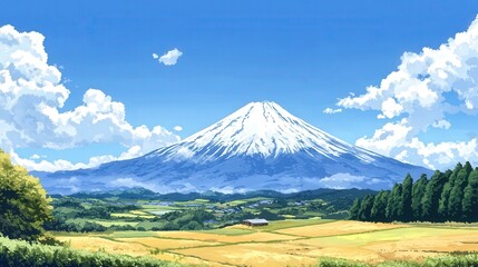 Wall Mural - scenic view of Mount Fuji from a distance, showing the mountain rising majestically above rolling hills and farmland.