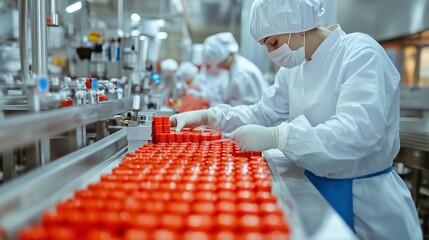 Canvas Print - Workers in protective gear assembling red plastic bottles on a production line in a factory during daytime operations