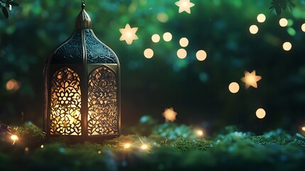 A delicate lantern with intricate patterns, surrounded by stars and lights, symbolizing the holy month of Ramadan