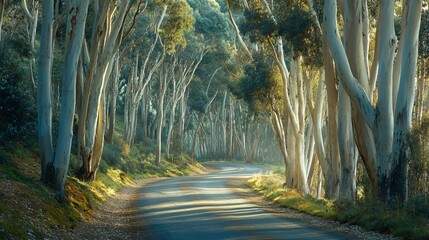 Wall Mural - a winding road through a eucalyptus forest with sunlight dappling through the trees.
