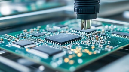 Poster - close-up view of a technician using specialized equipment on a circuit board in a high-tech laborato