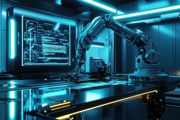 Fototapete - In a sleek, modern lab, a robotic arm meticulously assembles intricate machinery while holograms illuminate the workspace. Generative AI