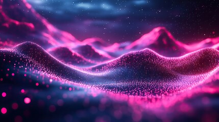 A futuristic glowing landscape with mountain terrain highlights technology with binary lighting in a digital wallpaper.