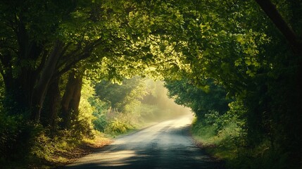 Wall Mural - a winding road through a lush green forest with sunlight streaming through the trees.