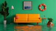 © Gentle Bunny - A vibrant and modern living room with an orange couch amidst a flooded floor, featuring green walls and playful decor elements.