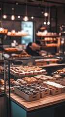 Modern bakery with pastries on display, blurred bokeh lights and warm interior lighting