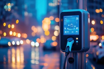 A modern electric vehicle charging station illuminated in a cityscape at dusk.