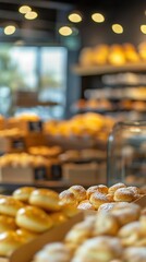 Modern bakery with pastries on display, blurred bokeh lights and warm interior lighting