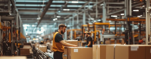 Poster - warehouse worker organizing packages during a busy operation in a large distribution center in dayli