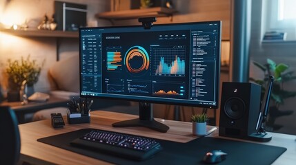 Poster - modern workspace with a sleek, high-resolution computer monitor displaying a vibrant dashboard.