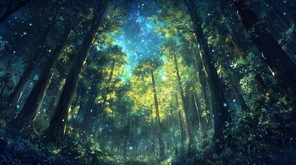 Wall Mural - an ethereal forest at night with glowing fireflies and tall trees.