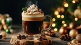 New Year's Irish coffee with cream and festive decor