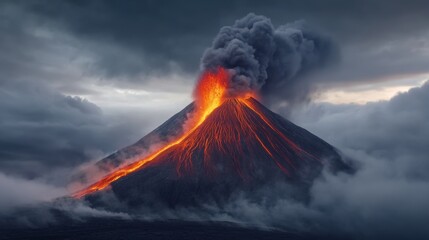 Wall Mural - A volcano erupts with lava and smoke coming out of it, AI