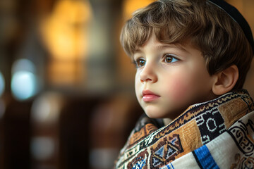 Poster - Young Boy in Prayer Shawl Reflecting During Yom Kippur Service  