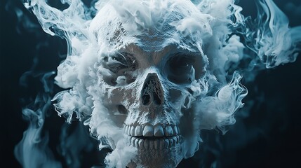 A haunting image capturing the beauty of a skull engulfed in swirling blue smoke, invoking a sense of mystery