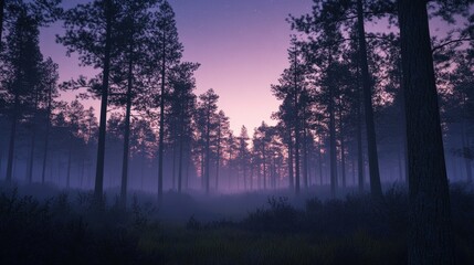 Wall Mural - serene pine forest at dusk, with the first stars beginning to appear.