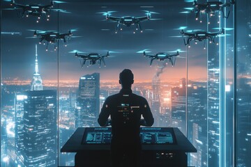 Fototapete - A skilled drone pilot maneuvers multiple advanced drones from a cutting-edge control center while the city lights twinkle below. Generative AI