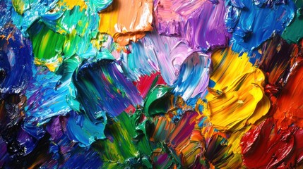 Poster - bright paints swirl together on a palette, while brushes await use on a blank canvas waiting for abs