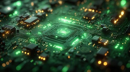 A high-tech green circuit board symbolizes modern technological advancements.