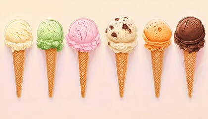 Wall Mural - An illustration of ice cream cones with various flavors lined up on a white background