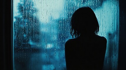 Aufkleber - A lone figure stands by a rain-covered window, immersed in thought as raindrops trickle down the glass in a melancholic setting. Generative AI
