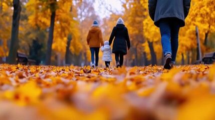 Canvas Print - A group of people walking through a park with leaves on the ground, AI