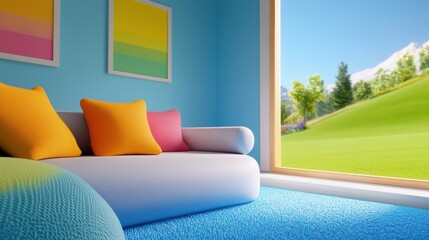 Canvas Print - A couch in a room with colorful pillows and windows, AI