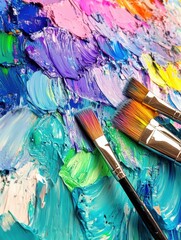 Poster - Bright splashes of color fill a palette, while paintbrushes rest atop a canvas, inviting artistic expression and creativity. Generative AI