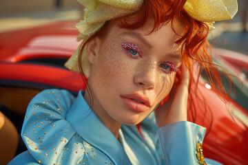 Wall Mural - Red-haired model with bold glitter eye makeup, wearing a sky blue jacket with gold embellishments and a large yellow bow. A striking and whimsical fashion portrait with a vibrant, creative edge.