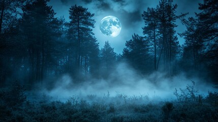 Wall Mural - full moon shining over a misty forest at night.