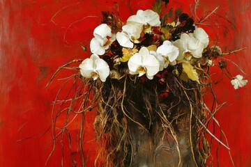 Vibrant still life painting of white flowers in vase